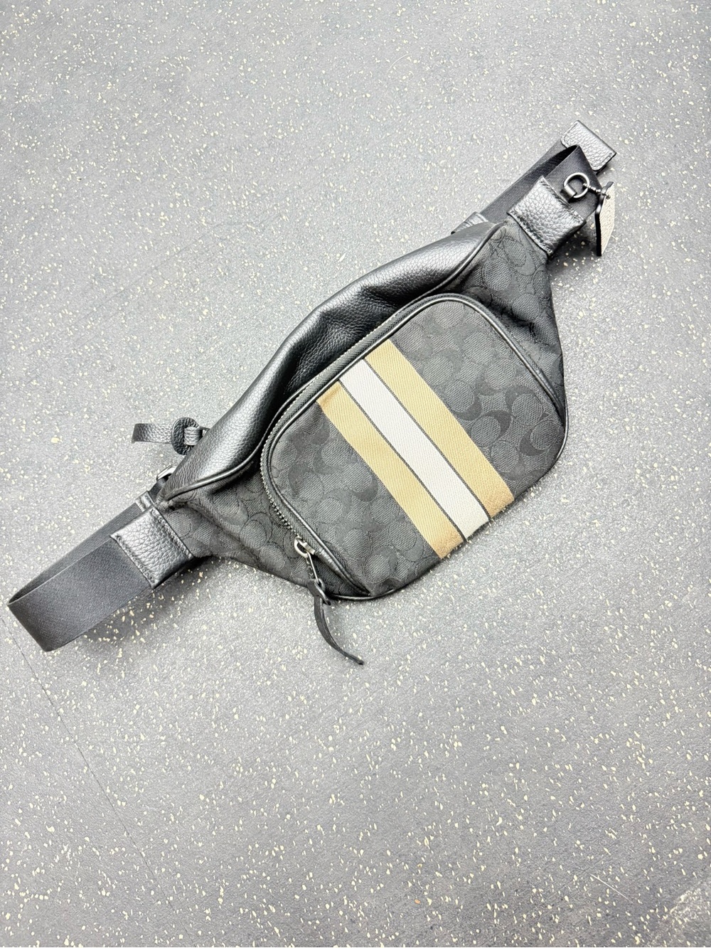 Coach Black Signature Canvas Belt Bag with Tan and Cream Stripes